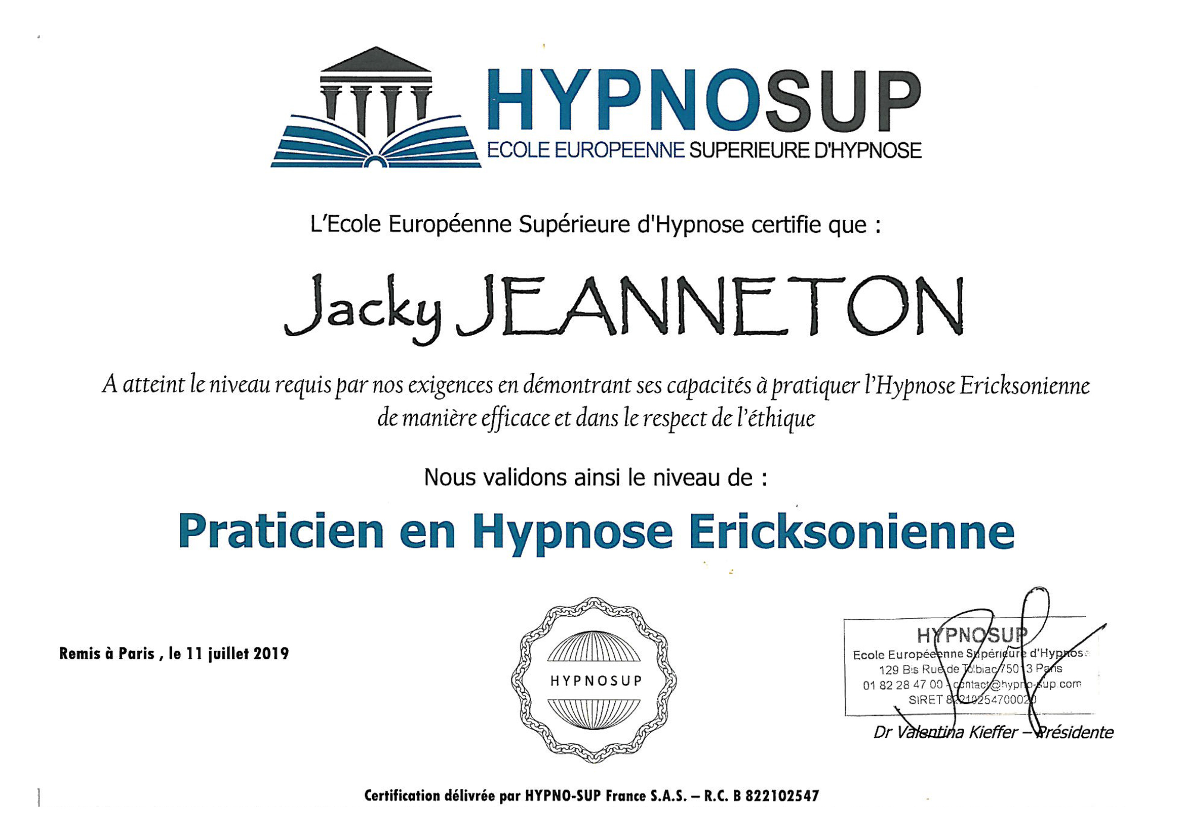 diplome de jacky jeanneton en hypnose