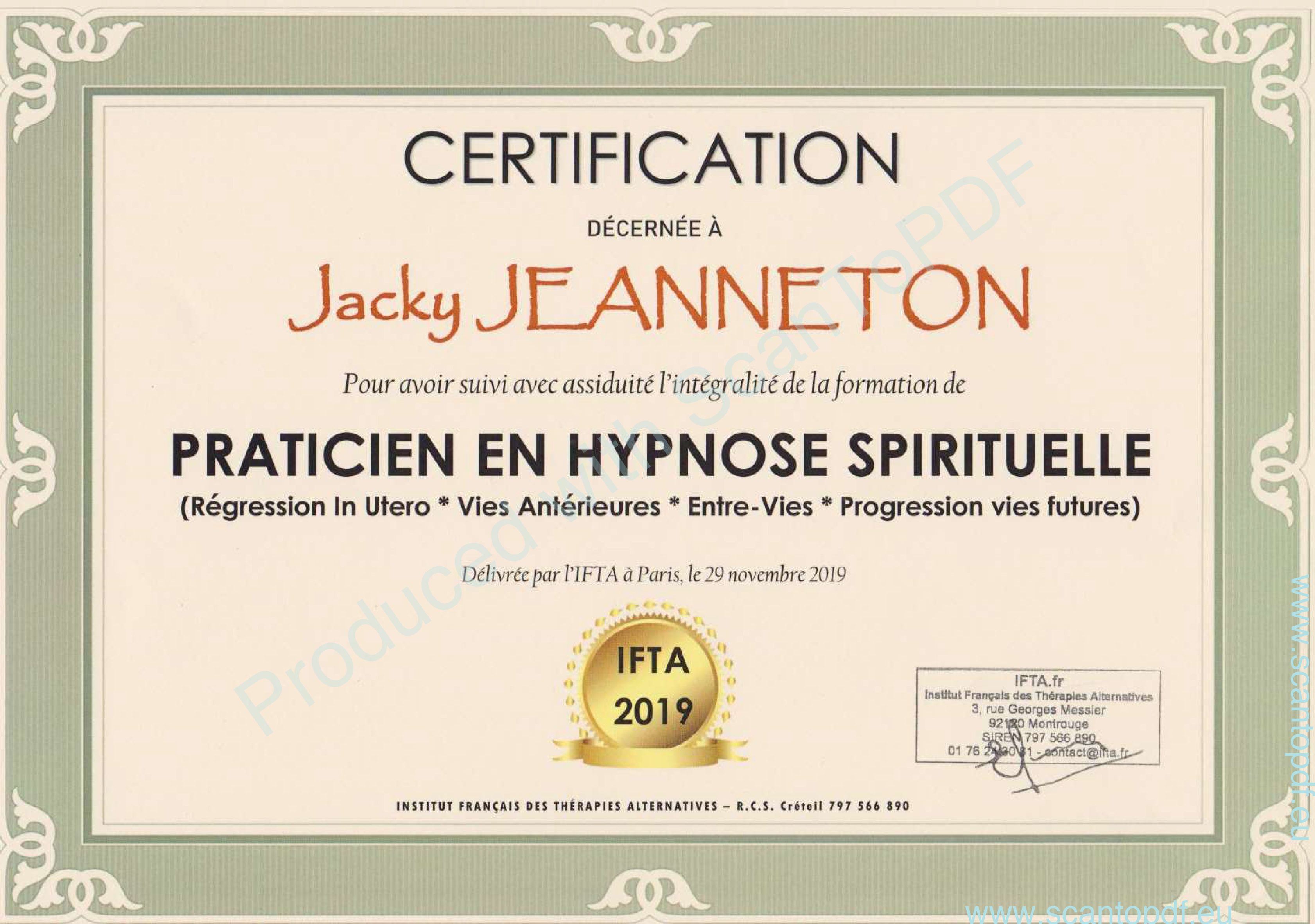Diplome de Jacky Jeanneton en hypnose spirituelle